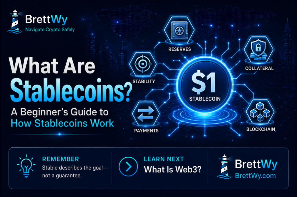 Featured graphic explaining stablecoins, including reserves, collateral, blockchain payments, and price stability mechanisms